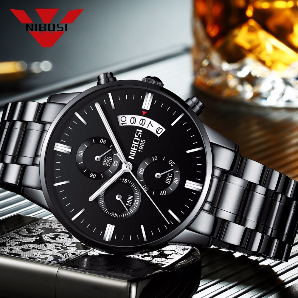 Luxury Watch Maker - Nibosi Roestvrij Staal Black Quartz Horloge